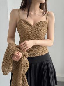 DAZY Women's Solid Color Camisole And Cardigan Casual Daily 2 Pieces Set - Brown - View 3