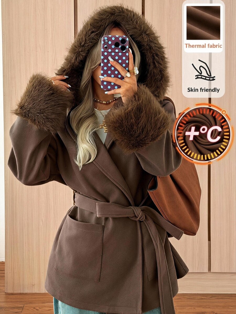 SHEIN EZwear Jaket Mantel Panjang Berkerudung Patchwork Mewah Musim Gugur/Dingin - Coffee Brown - View 1
