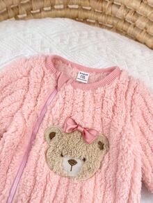 SHEIN Newborn Baby Cartoon Bear Design Plush Romper - Pink - View 5