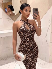 Slaydiva Women Leopard Print Halter Twist Mermaid Evening Dress Pearl Chain Backless Formal Gown Prom Holiday Party New Year Wedding Guest Holiday - Multicolor - View 5