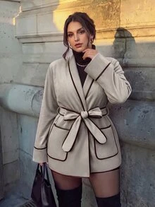 Firerie Plus Size Women's Piped Trim Dropped Shoulder Long Sleeve Casual Wool Blend Jacket - Khaki - View 4