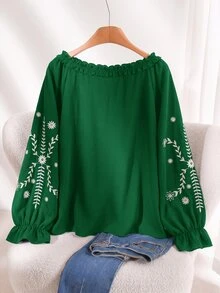 CosyJoli Plus Size Vacation Casual Floral Embroidered Shirt - Green - View 2