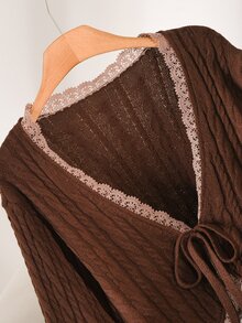 CosyJoli Plus Size Casual Lace Trim Tie-Front Cardigan, Autumn/Winter - Brown - View 4