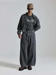 Musero Super Oversized Back Adjuster Grey Washed Denim Jeans Barrel Fit Co Ord Jeans Only Autum Winter Essentials - Black - View 1