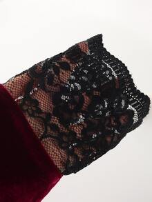LUMIGAL Gaun Panjang Wanita Berwarna Hitam dengan Hiasan Renda dan Patchwork Beludru Merah Anggur - Burgundy - View 7