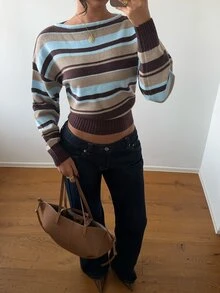 Autumina Sweater Lengan Panjang Kasual Wanita Motif Garis-Garis dan Blok Warna untuk Sehari-hari - MultiWarna - View 5