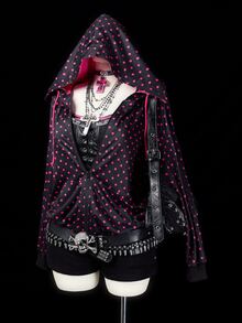 Sunspun Plus Size Polka Dot Hooded Zip-Up Sweatshirt, Autumn/Winter Fall - Hot Pink - View 7