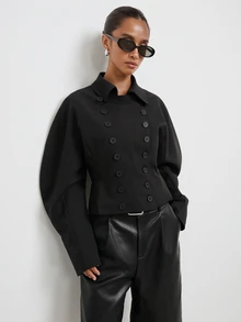 Maija Jaket Wanita Model Double-Breasted dengan Kerah dan Pengencang Pinggang - Hitam - View 6