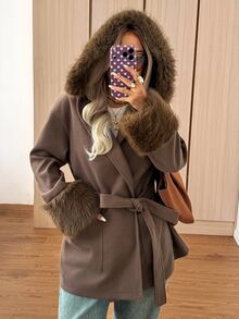 SHEIN EZwear Autumn/Winter Plush Patchwork Hooded Overcoat Jacket - Coffee Brown - View 6