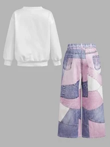 女童心形貼布燙印圖案運動衫套裝，休閒 2 件套服飾，數位印花拼接，街頭風時尚運動套裝 - 粉色 - 查看 2
