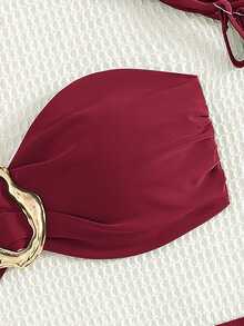 Swim Chiccia 女款海灘度假休閒波爾多紅可拆式細肩帶高腰比基尼套裝，附金屬裝飾 - 酒紅色 - 查看 3