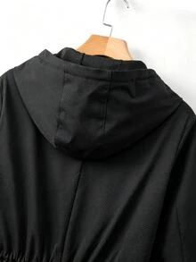 SHEIN LUNE CURVE 大尺碼女款復古優雅收腰彈性袖口黑色連帽夾克，適合通勤、休閒穿著、小型聚會，秋季款 - 黑色 - 查看 5