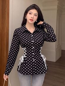 Modelyn 女款波點領結設計休閒百搭日常外出襯衫 - 黑色 - 查看 5