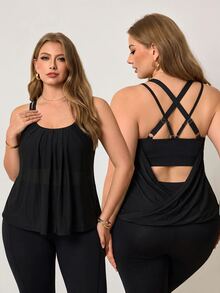 Easithlete Plus Size Women's Built-In Padded Knit Sleeveless Open Back Yoga Jogging Pilates Sports Top Gym Black Summer Kawaii - Black - View 1