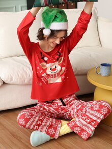 Chillnights Women's Cartoon Print Long Sleeve Top And Pants Pajama Set - Red - View 4