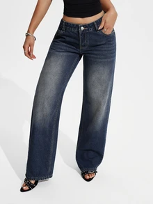 Jeanoix Fall Casual Y2K Low Rise Wide Leg Blue Denim Going Out Washed Comfortable Plus Size Jeans For Women - Dark Wash - View 3