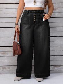 SHEIN CURVE+ Plus Size Women's Button Fly Casual Loose Wide Leg Denim Jeans - Black - View 2