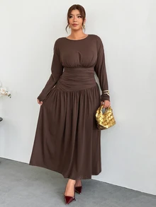 Firerie Plus Size Women's Solid Color Pleated Casual Party Dress - Coffee Brown - View 6