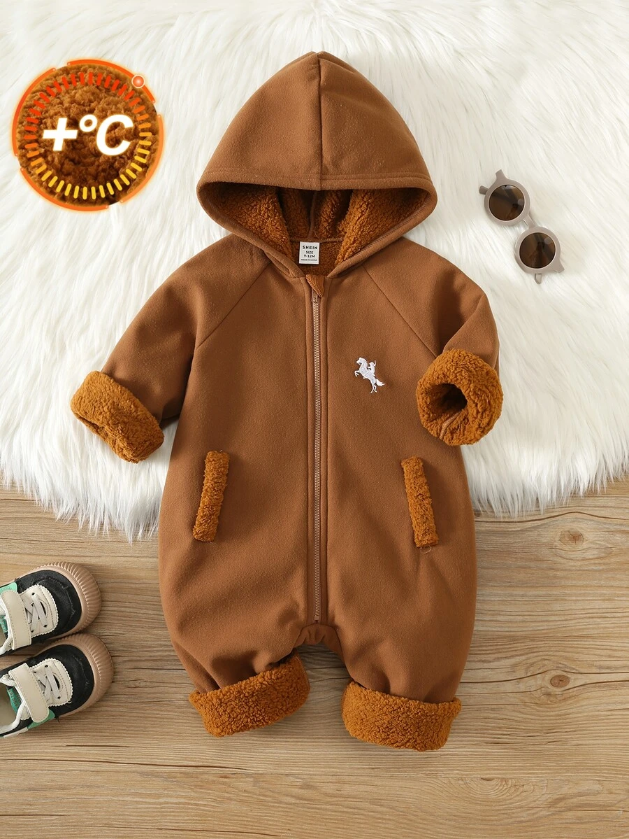 SHEIN Baby Boy Autumn/Winter Thermal Lined Thick Embroidered Jumpsuit - Brown - View 1