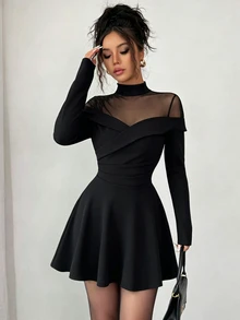Selianne New Knit Elastic Solid Color Stand Collar Mesh Patchwork Long Sleeve A-Line Skirt Design Women's Short Dress - Black - View 3