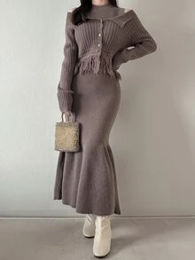 FRIFUL Women's Solid Color Long Sleeve Tassel Hem Knit Cardigan And Sleeveless Knit Dress Elegant Set Fall - Brown - View 4