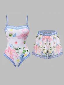 Swim Oasis 26SS Spring/Summer Pink Water Wave & Coconut Tree Print One-Piece Swimsuit With Bikini Bottoms 2 Pieces Set - Multicolor - View 5