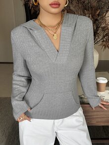Livesso Solid Color Casual Slim Fit Hooded Pullover Sweater, Blogger Style - Grey - View 7