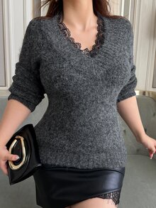 Dazy Plus Contrast Lace V-Neck Slim Fit Korean Style Autumn/Winter New Pullover Sweater - Dark Grey - View 4