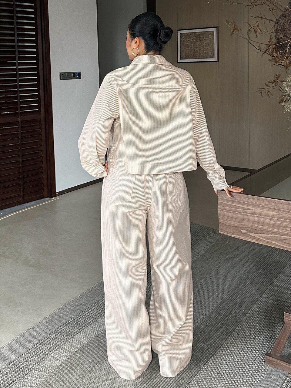 Dazy Plus Spring/Autumn Long Sleeve Striped Cropped Jacket High Waist Loose Casual Commute Street Straight Leg Jeans Set