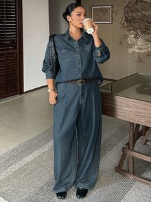 Dazy Plus Vintage Washed Distressed Pocket Long Sleeve Loose Denim Shirt And Casual Jeans 2 Pieces Set - Medium Wash - View 5