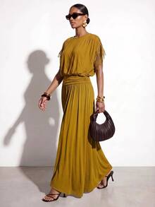 Zivah Women's Solid Color Round Neck Batwing Short Sleeve Elegant Long Dress - Mustard Yellow - View 9