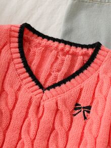 SHEIN 少女復古刺繡麻花針織時尚長袖毛衣 - 粉色 - 查看 4