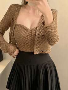 DAZY Women's Solid Color Camisole And Cardigan Casual Daily 2 Pieces Set - Brown - View 2