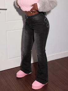 Slaydiva Plus Size Women's Letter Print Rhinestone Flare Denim Jeans, High Waist Slim Fit Stretch Bootcut Pants, Casual Daily Wear Embellished Jeans - Black - View 2