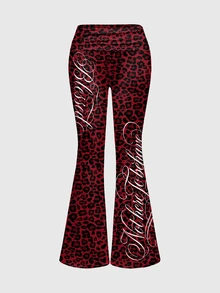 ROMWE Grunge Punk Dark Slogan Sexy Tank Top Camisole & Ruched Low Waist Flare Pants Women 2pcs Set - Red - View 7