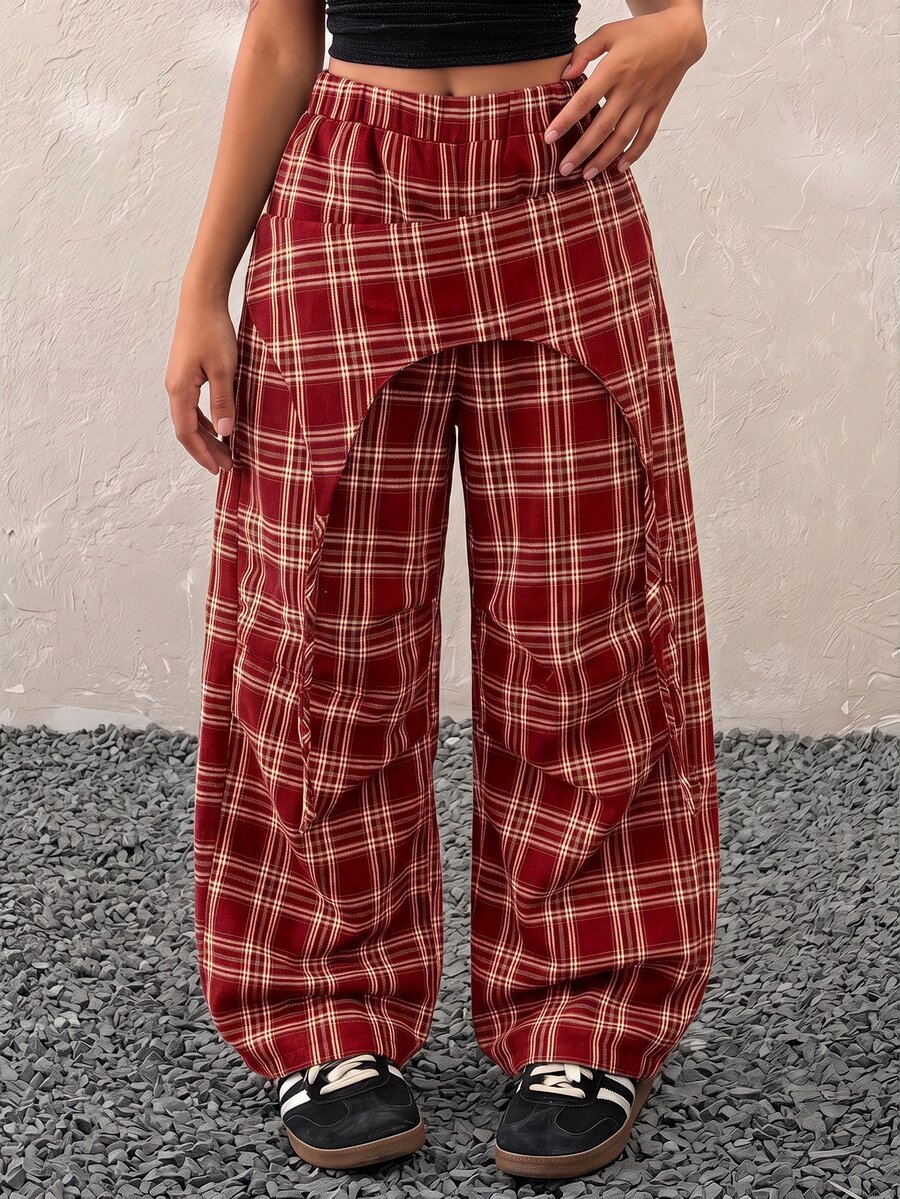 Kids Tween Girl Deconstructed Design Plaid Wide Leg Loose Long Pants - Red - View 1
