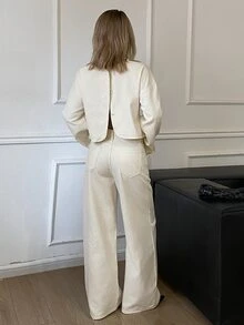 Livesso Women's Elegant Long Sleeve Shirt And Button Pocket Denim Pants Set Fall - White - View 5