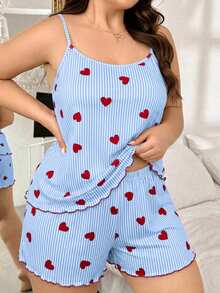 SHEIN Red Heart Striped Print Camisole & Shorts Plus Size Pajama Set - Multicolor - View 3