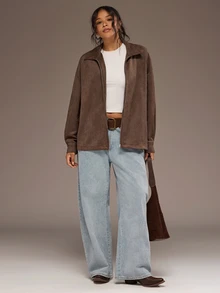 Freevana Plus Size Casual Versatile Jacket For Autumn Fall - Coffee Brown - View 3
