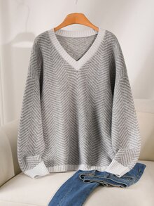CosyJoli Plus Size Women's Striped V-Neck Drop Shoulder Long Sleeve Casual Pullover Sweater Winter - Grey - View 3