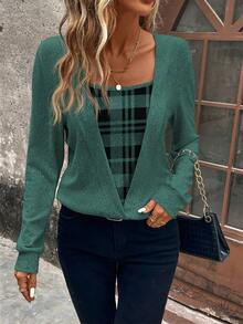 Balvessa Women's Plaid Patchwork Casual Daily Long Sleeve Sweatshirt - Teal Blue - View 1