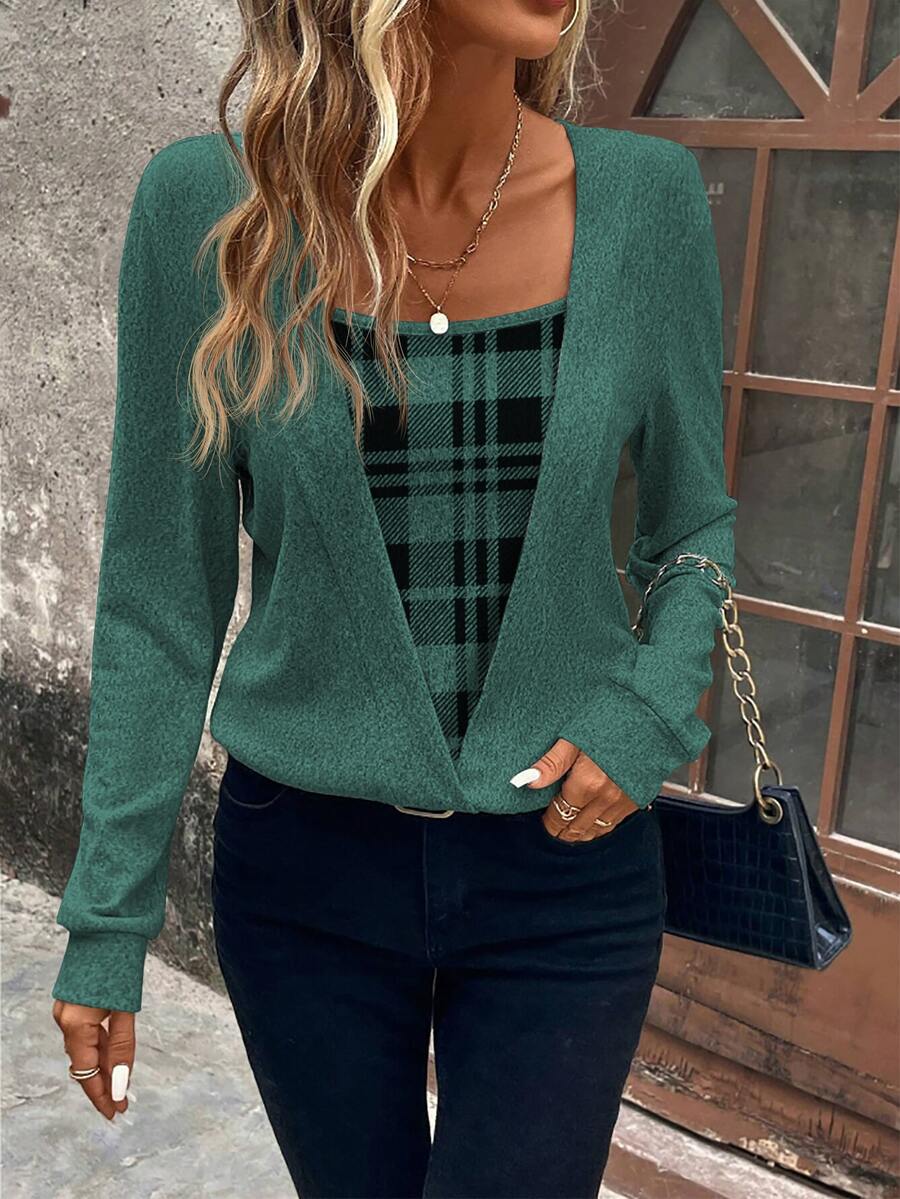 Balvessa Women's Plaid Patchwork Casual Daily Long Sleeve Sweatshirt - Teal Blue - View 1