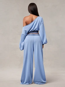 Radiana American Retro Gray-Blue Contrast Color Washed Distressed Sweatpants, Street Casual Low Waist Wide Leg Loose Extra Long Pants - Blue - View 2