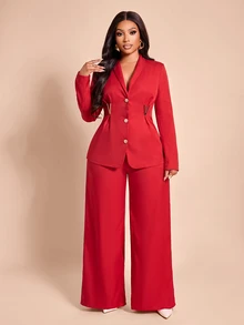 Brilight V Metal Decor Waist Slim Jacket High Waist Wide Leg Pants For Wedding Guest Office Business Party - Red - View 9