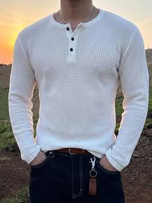 DAZY Spring/Autumn White Round Neck Half-Button Waffle Texture Fabric Long Sleeve Men's T-Shirt - White - View 8