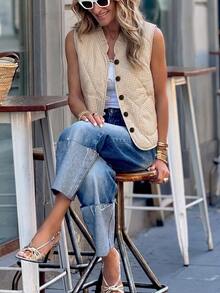 SHEIN Clasi Women's Plaid Casual Versatile Winter Padded Vest Jacket - Khaki - View 6