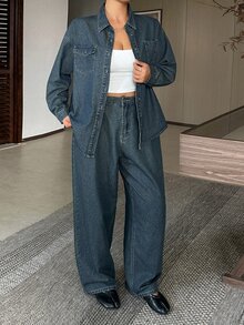 Dazy Plus Vintage Washed Distressed Pocket Long Sleeve Loose Denim Shirt And Casual Jeans 2 Pieces Set - Medium Wash - View 6