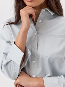 KÆRIA Hus Cropped Boxy Button Down Shirt - Compact Woven - Pale Blue - Elegant, Casual, Luxury, Workwear - Blue - View 5