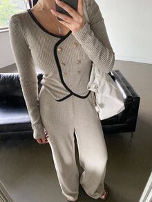DAZY 女款拼色長袖上衣與長褲休閒日常兩件套 - 米色 - 查看 9