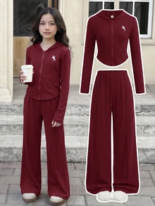 SHEIN 青少年女孩 2 件組粉色連帽上衣與長褲套裝，休閒百搭，適合春季與秋季日常穿著 - 酒紅色 - 查看 1